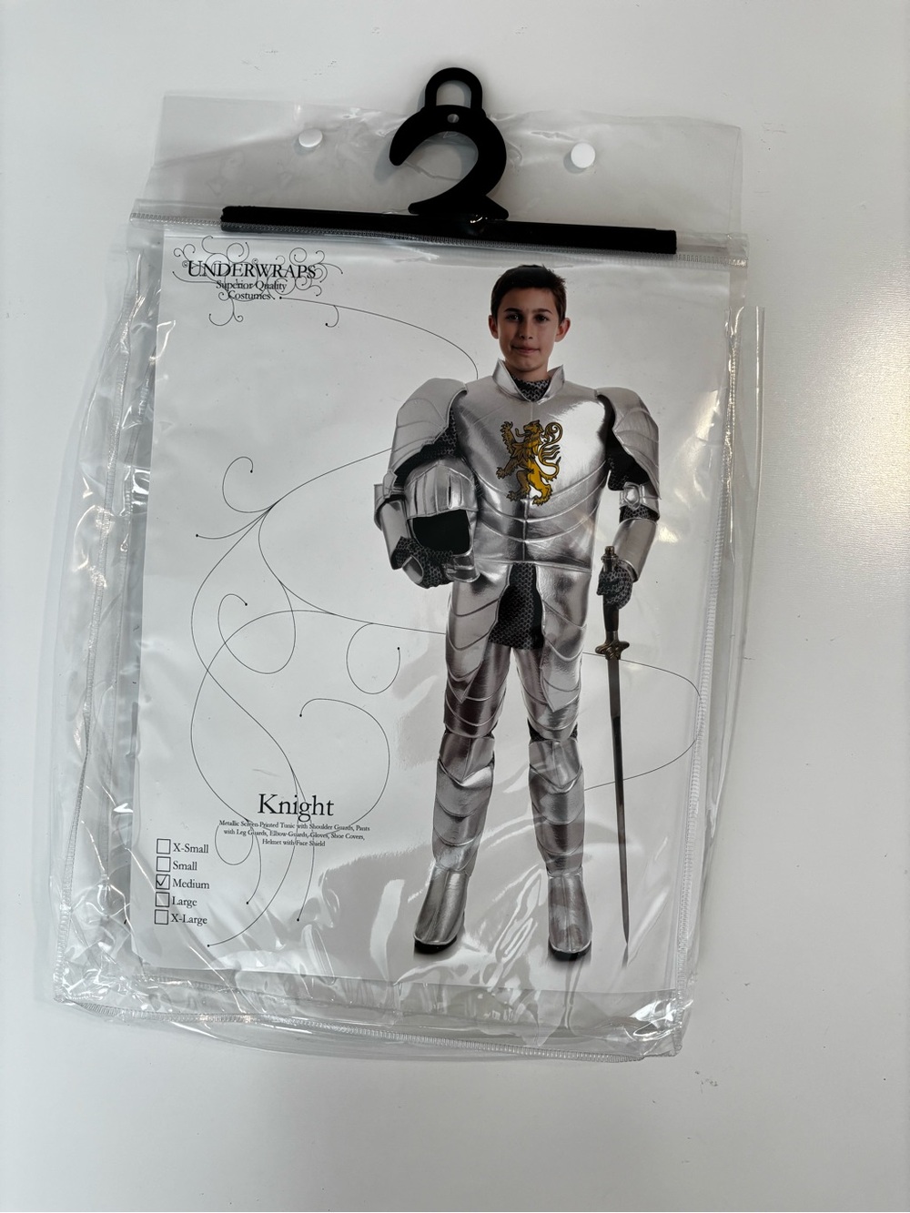 Silver Knight Kids Costume - Silver with Gold Emblem, Medium